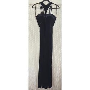Vintage Atria Velvet Maxi Dress Black Gown Halter Rhinestones Size Medium